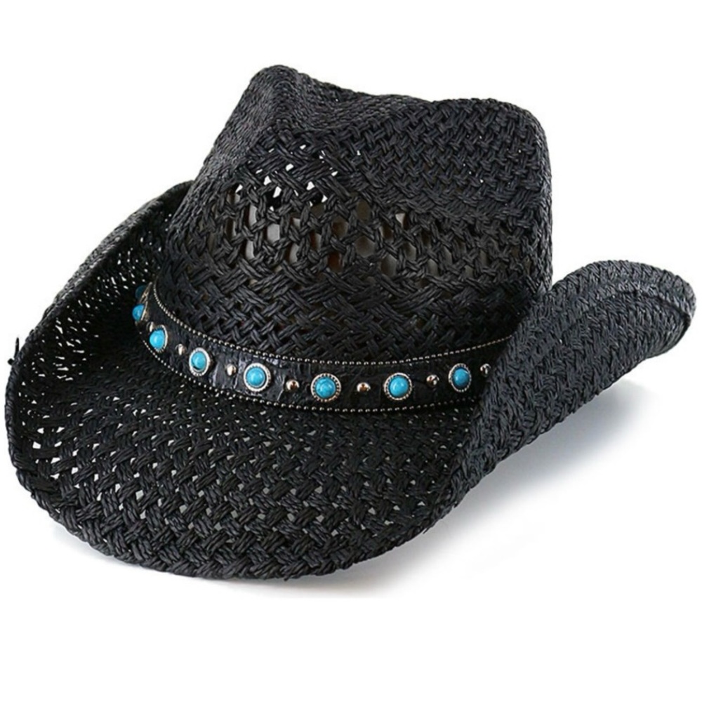 Peter Grim Cowboy/CowgirlStraw Hat Black w/Turquoise Details